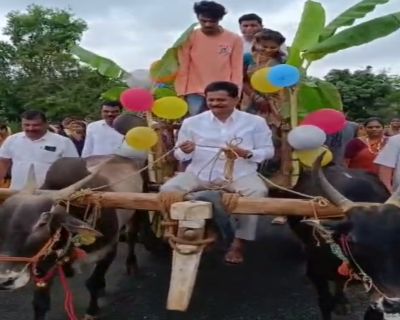 ಬಾರಕೋಲು ಬಾರಿಸಿ ಚಕ್ಕಡಿ ಓಡಿಸಿದ ಶಾಸಕ ಭೀಮಣ್ಣ!